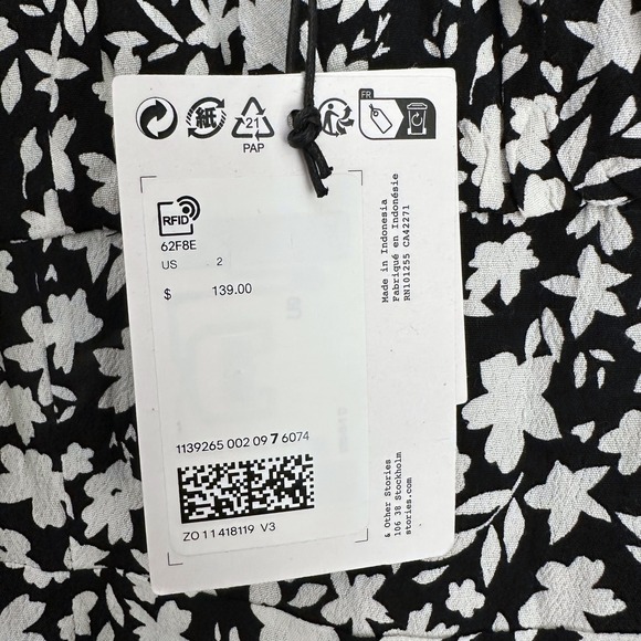 NWT & Other Stories Floral Square Neck Midi Dress Black White Double Puff Slit 2 - Picture 6 of 14